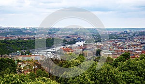 Panorama of Prague old town with the bridges over the river Vltava