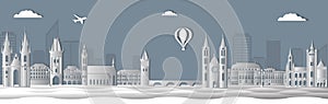 Panorama of Prague paper cut style vector illustration. Cartoon Prague architecture symbols and objects.