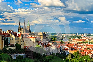 Panorama of Prague from Petrin gardens, Castle and St. Vitus cathedral visible of the left, bridges