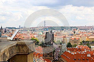 Panorama of Prague view of Charles bridge, on the bridge a crowd