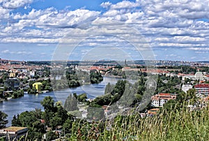 Panorama of Prague Vysehrad castle with river Vltava