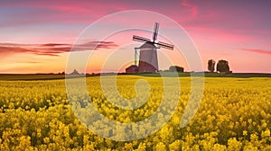 Panorama with pre-sunrise time with old windmill and rapeseed field with pink clouds, Generative AI