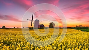 Panorama with pre-sunrise time with old windmill and rapeseed field with pink clouds, Generative AI