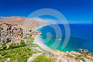 Panorama of Preveli beach at Libyan sea, river and palm forest, southern Crete , Greece