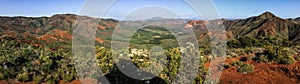 Panorama from the prony wind turbine viewpoint on the mountains and red soil of the South of Grande Terre, New Caledonia