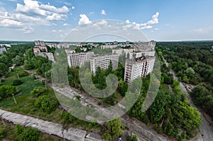 Panorama of Prypiat city, Chernobyl exclusion Zone. Chernobyl Nuclear Power Plant Zone of Alienation in Ukraine