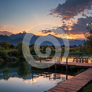 Panorama Puffy clouds at sunset Four wooden lounge chairs facing the reflective Oquirrh Lake at Daybreak, Utah. Wooden