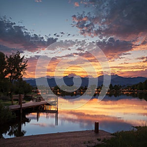 Panorama Puffy clouds at sunset Four wooden lounge chairs facing the reflective Oquirrh Lake at Daybreak, Utah. Wooden