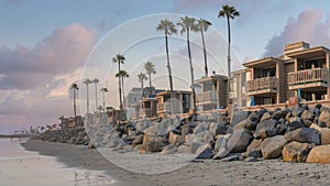 Panorama Puffy clouds at sunset Panoramic view of the beach at Oceanside in California during su