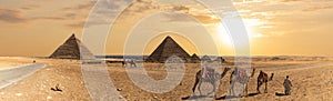 Panorama of the Pyramid of Khafre, the Pyramid of Menkaure and the three pyramid companions, Giza, Egypt