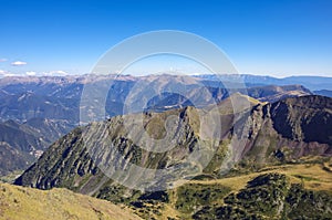 Panorama of the Pyrenees mountains in Andorra, from top of Coma Pedrosa peak