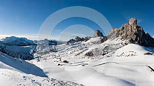 Panorama of Ra Gusela peak in front of mount Averau and Nuvolau, in Passo Giau, high alpine pass near Cortina d`Ampezzo, Dolomite