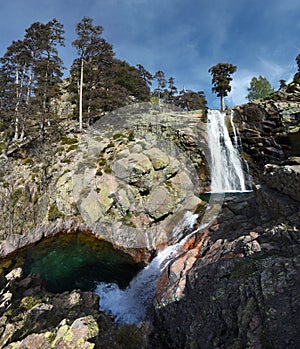 Panorama of Radule waterfall in Corsica Island with two pools