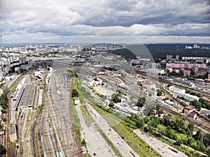 Panorama of railway tracks of the marshalling yard from the height