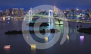 Panorama of Rainbow Bridge at night, Tokyo, Japan