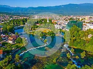 Panorama of rapids on river una in Bosnian town Bihac photo