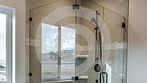 Panorama Rectangular walk in shower stall with half glass enclosure and black shower head