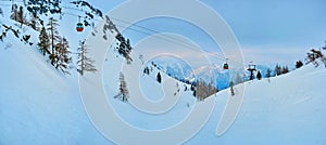 Panorama with red cable car gondolas, Mount Katrin, Bad Ischl, Salzkammergut, Austria