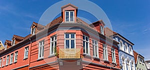 Panorama of a red corner house in Flensburg