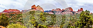 Panorama of the red rocks of Schnebly Hill and other red rocks at the Oak Creek Canyon viewed from Midgely Bridge