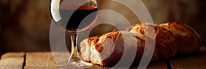 Panorama of red wine in glasses on table complemented spread of cheese and bread, creating delightful backdrop for our dinner and