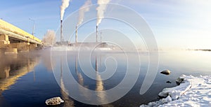 Panorama of Reftinsky reservoir with power plant, Russia, Ural