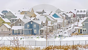 Panorama Residential area with colorful homes against cloudy sky in winter