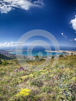 Panorama of the resort city of Gelendzhik from the top of the Markoth ridge. You can see the round Gelendzhik Bay, the Black sea