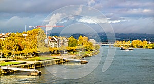 Panorama of the Rhine river between Mainz and Wiesbaden in Germany