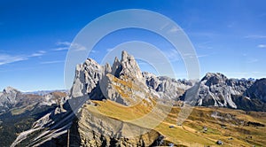 Panorama of the ridge of Seceda mountain peak and the Odle massif, Dolomites