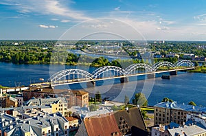 Panorama of Riga city with railway bridge