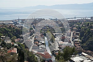 Panorama of Rijeka, the port of Croatia, from the top of Trsat castle with view on river Rjecina passing through the center.