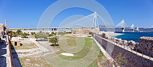 Panorama of Rio castle, Rioâ€“Antirrio bridge in the background, Peloponnese, Greece