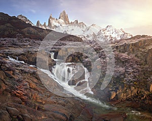 Panorama of Rio De la Cascada and Fitz Roy in the Morning, Los Glaciares National Park, Argentina photo