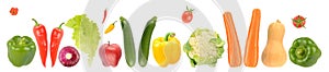 Panorama ripe fresh fruits and vegetables isolated on white