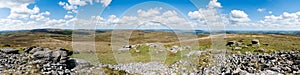 Panorama from Rippon Tor of, from left to right, Emsworthy Rocks, Saddle Tor and Haytor across moorland of Dartmoor National Park,