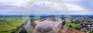 Panorama of River Exe in Topsham and Exeter from a drone, Devon, England
