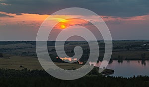 Panorama of the river, fields and forests on the background of a