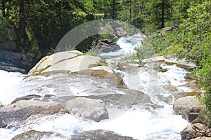 Panorama of river with stones in mountain