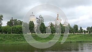 Panorama of the river Tvertsa overlooking Spasopreobrazhensky Cathedral and the Vhodoierusalimskuyu Church. Torzhok, Russia