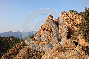 Panorama of the road called D81 in Corsica France and the red ro