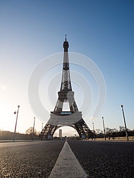 Panorama road street view of Eiffel tower steel structure construction landmark symbol Champ de Mars Paris France Europe