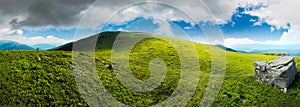 Panorama with rock on the grassy hill in mountains