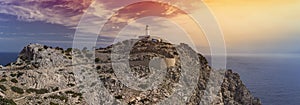 A panorama of the rocky landscape and the Formentor lighthouse on top of the Cap de Formentor, Mallorca, Spain