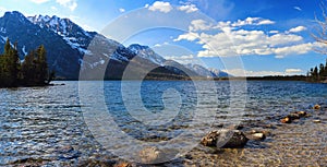 Panorama of Rocky Mountain Landscape with Grand Teton Range and Jenny Lake in Evening, Grand Teton National Park, Wyoming, USA