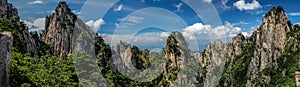 Panorama of rocky peaks and old pine trees cover the mountains under a bright blue sky with whispy clouds in Huangshan China