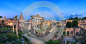 Panorama of Roman Forum at dusk, Rome