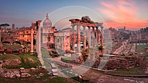 Panorama of Roman Forum Foro Romano in the Morning, Rome, Ital