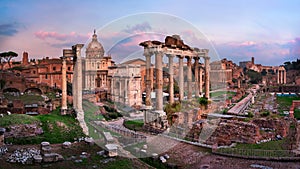 Panorama of Roman Forum Foro Romano at Sunset, Rome, Italy