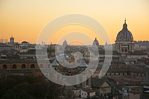 Panorama of Rome from Pincian Hill at sunset, Villa Borghese. Domes and roof tops of eternal city